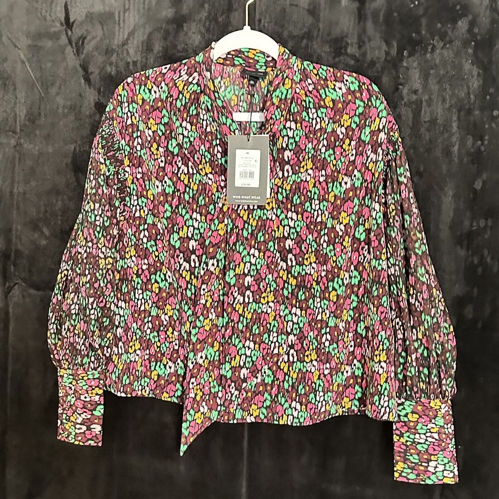 Who What Wear Women's Balloon Long Sleeve Tie Front Print Blouse Size M $29